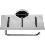 chrome toilet roll holder with shelf and a circular wall mount, the holder is a rectangular hook shape with rounded corners. the shelf is above the roll holder and has 3 black grip lines and a lip along the edge furthest from the wall