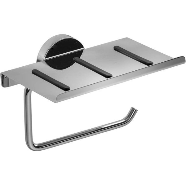 chrome toilet roll holder with shelf and a circular wall mount, the holder is a rectangular hook shape with rounded corners. the shelf is above the roll holder and has 3 black grip lines and a lip along the edge furthest from the wall