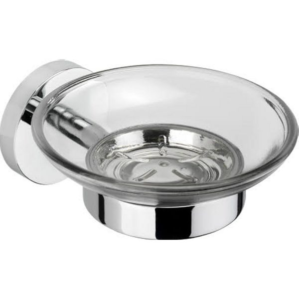 round, transparent,glass soap dish on a chrome holder