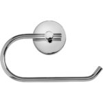 me toilet roll holder with circular wall mount, the holder is a oval hook shape with rounded corners.