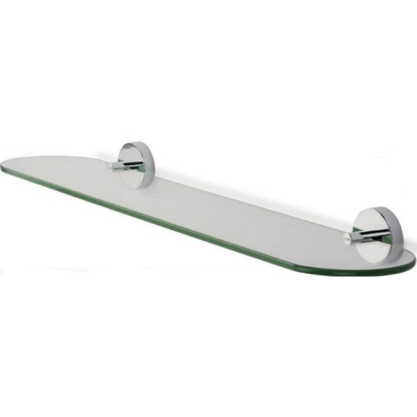 rectangular glass shelf with round ends, there is a round chrome wall bracket on either end.