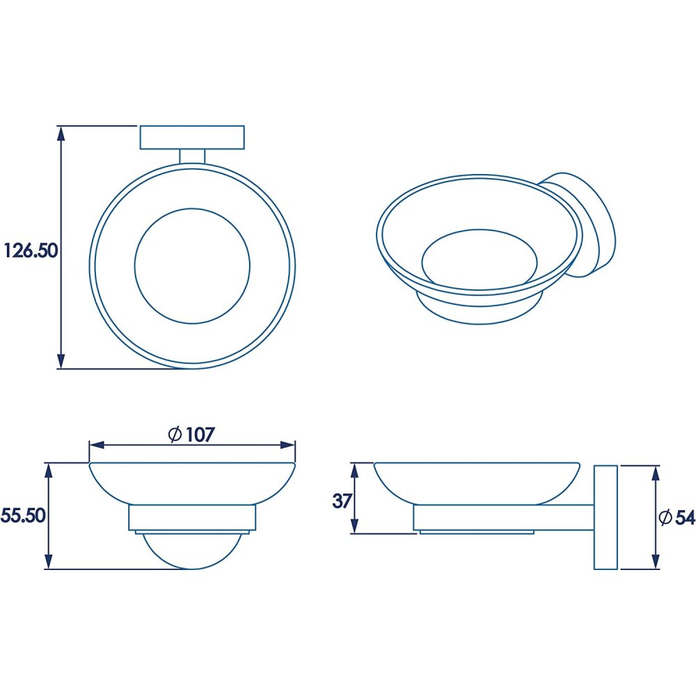 diagrams giving the measurements of the soap dish and holder (dimensions also found in item description)