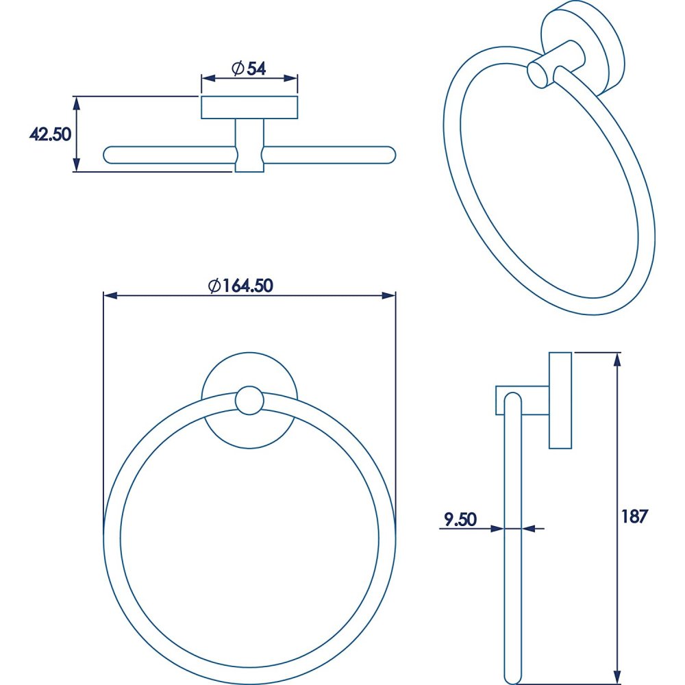 diagrams giving the measurements of the towel ring (dimensions also found in item description)