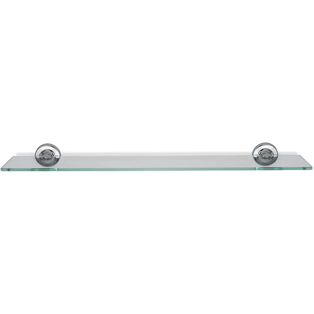 rectangular glass shelf with a round chrome wall bracket on either end.