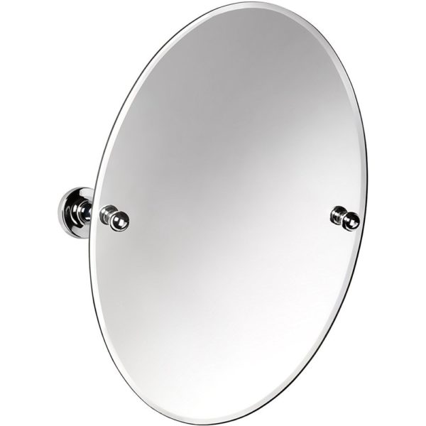 round mirror with chrome wall brackets.