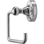 chrome toilet roll holder with circular wall mount, the holder is a rectangular hook shape with rounded corners. as viewd from the side