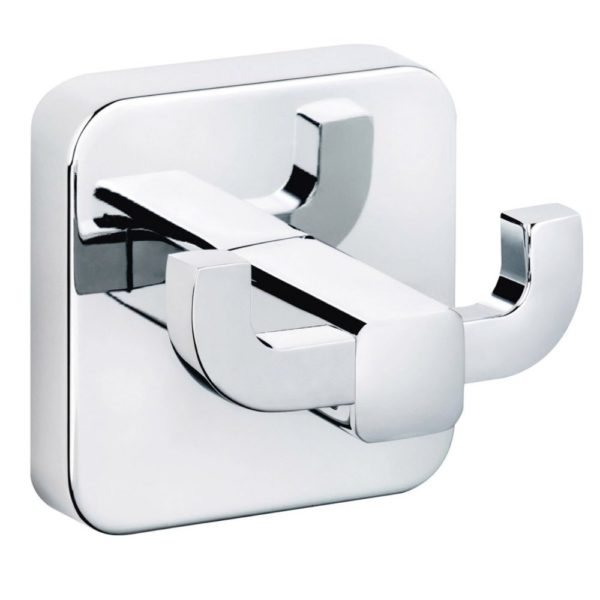 chrome double robe hook. its back plate is square with rounded corner and the hook itself has a rounded square like construction