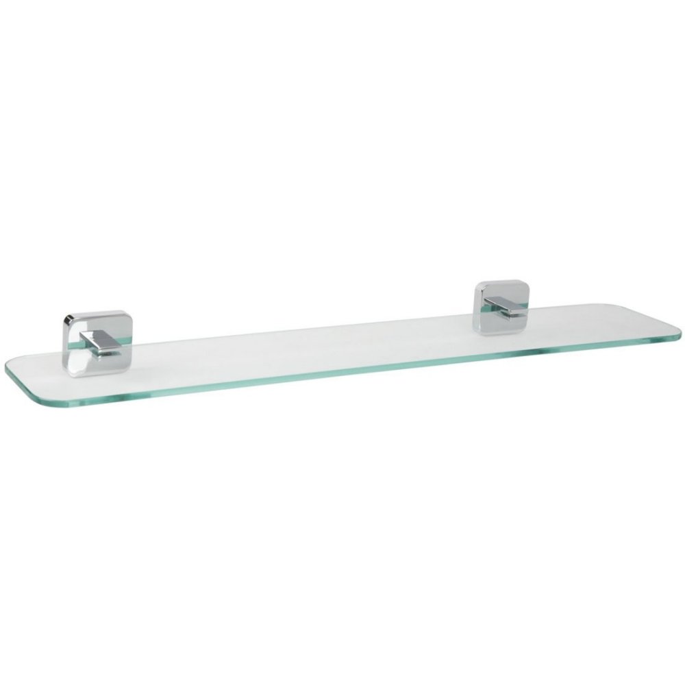 glass, rectangular shelf with chrome mounting. its back plates are square with rounded corners