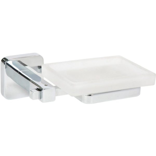 square, translucent white glass soap dish with chrome holder. its back plate is square with rounded corner and the holder has a rounded square like construction
