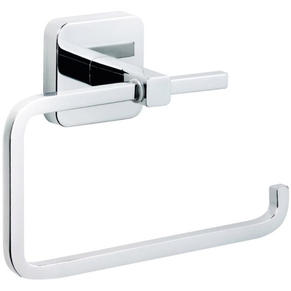 chrome toilet roll holder. its back plate is square with rounded corner and the roll holder has a rounded square like construction