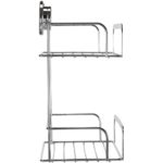 side view of two tier chrome plated wire corner basket with 2 round wall attachments for fixing purposes
