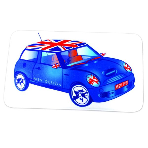 rctangular white bathroom mat featuring an illustration of a blue mini with a union jack design roof