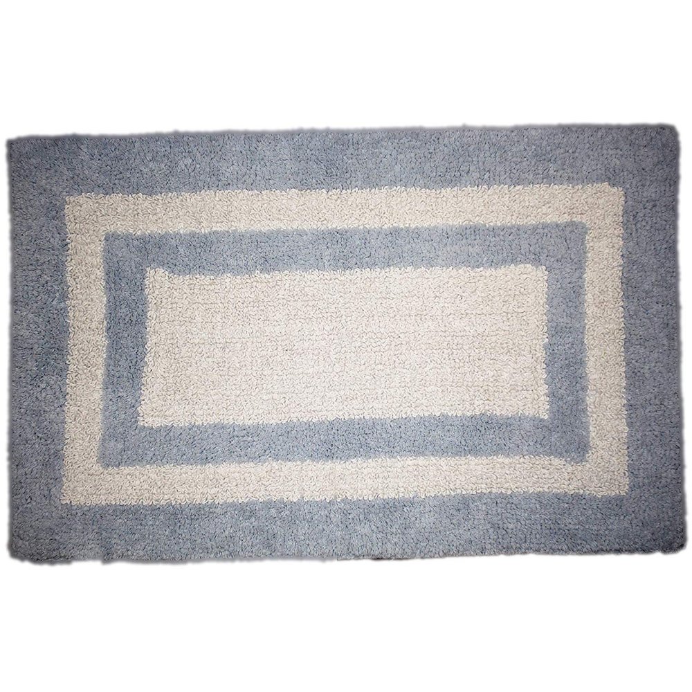 rectangular white bathroom mat with a blue border and a hollow blue rectangle inside