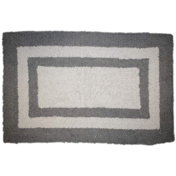 rectangular white bathroom mat with a grey border and a hollow grey rectangle inside