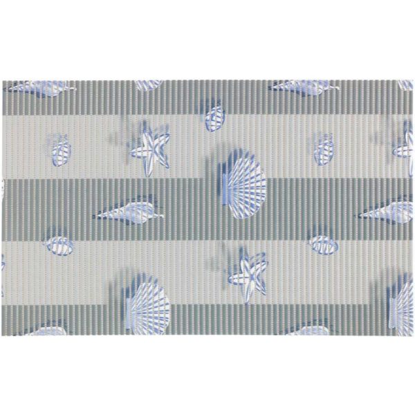 rectangular grey toned bath mat with horizontal striped background, above this background are various light grey seashells