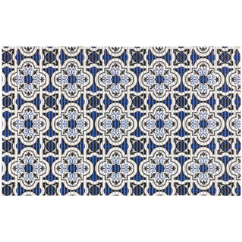rectangular bath mat with a blue black and white geometric pattern resembling Spanish style tiles