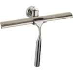 stainless steel squeegee in a holder, held on by two small hooks