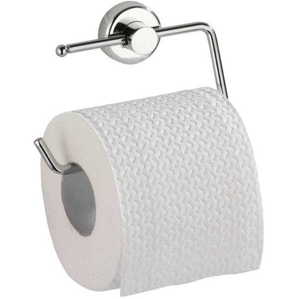 rectangular shaped hook chrome roll holder with circular back plate, it is holding a white roll of toilet paper