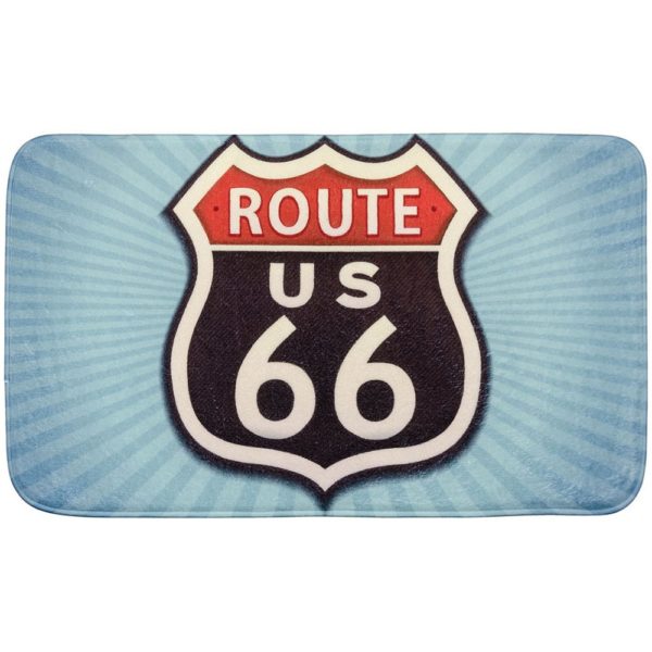 blue bath mat featuring a red white and blue sign reading 'ROUTE 66'