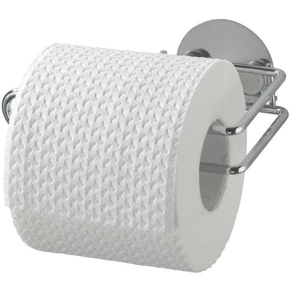 chrome wall mounted toilet roll holder holding a single roll of white toilet paper