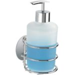 ranslucent white soap dispenser with chrome effect pump. it is being helf by a chrome wire wall mounted holder. in the dispenser is blue liquid soap.