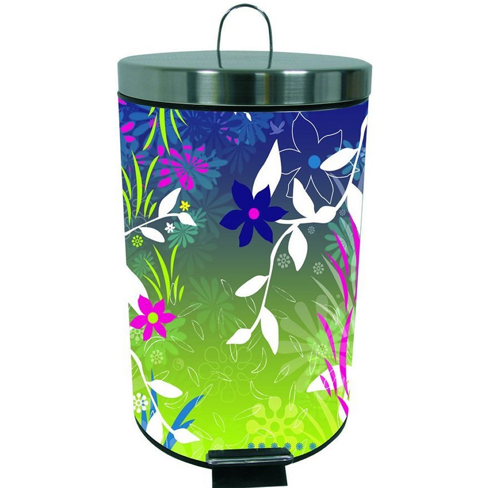 pedal waste bin with a floral design in pink white blue and green.