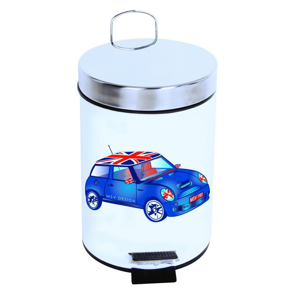 whire pedal waste bin wth chrome lid and handle and a chrome and black pedal. on the bin is an illustration of a blue mini cooper wit a union jack roof