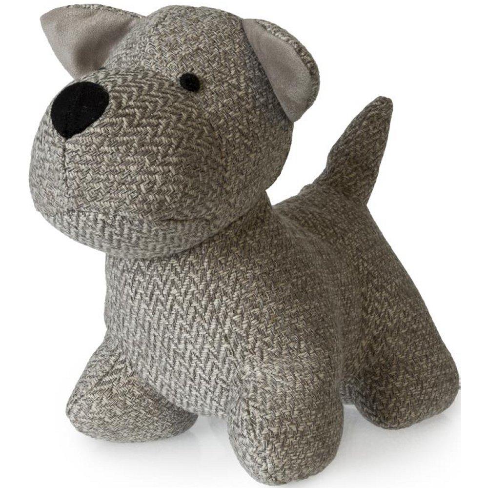 grey fabric doorstop in the shape of a cute dog stuffed toy with a black nose and small black dot eyes. friend shaped.