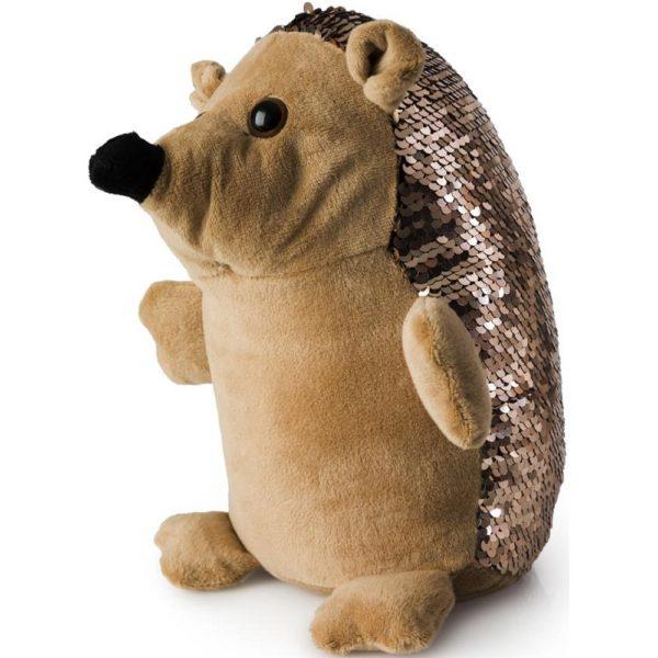 brown fabric door stop with sequins shaped like a cute hedgehog soft toy. the hedgehog is sat up on its hind quarters and the spines are represented by brown shiny sequins. has a large black nose and round black eyes. extremely friend shaped.