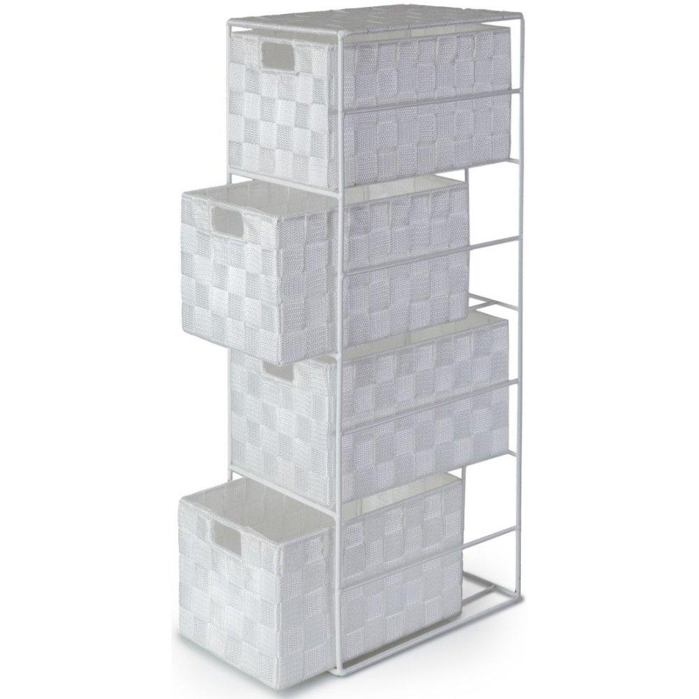 white 4 tier storage unit with a white wire frame and 4 woven effect basket style drawers. the drawers are shown open and closed in an alternating pattern.