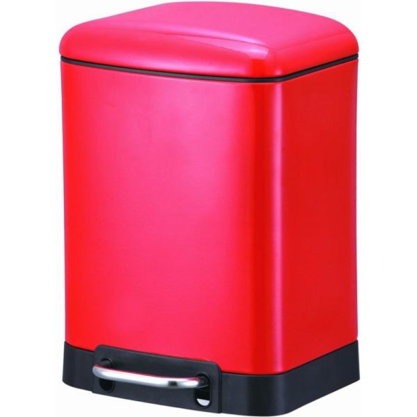 bright pink ectangular pedal waste bin with blask base and small chrome pedal