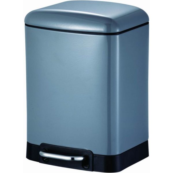 slate grey rectangular pedal waste bin with blask base and small chrome pedal