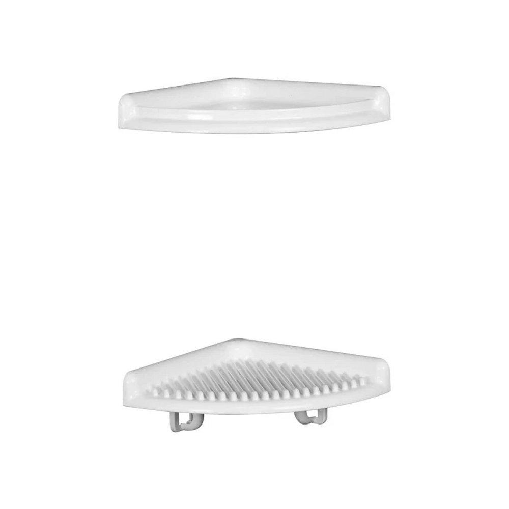 two separate white corner shelves. the top shelf is smooth and has a raised lip at the front. the lower shelf has a ribbed surface