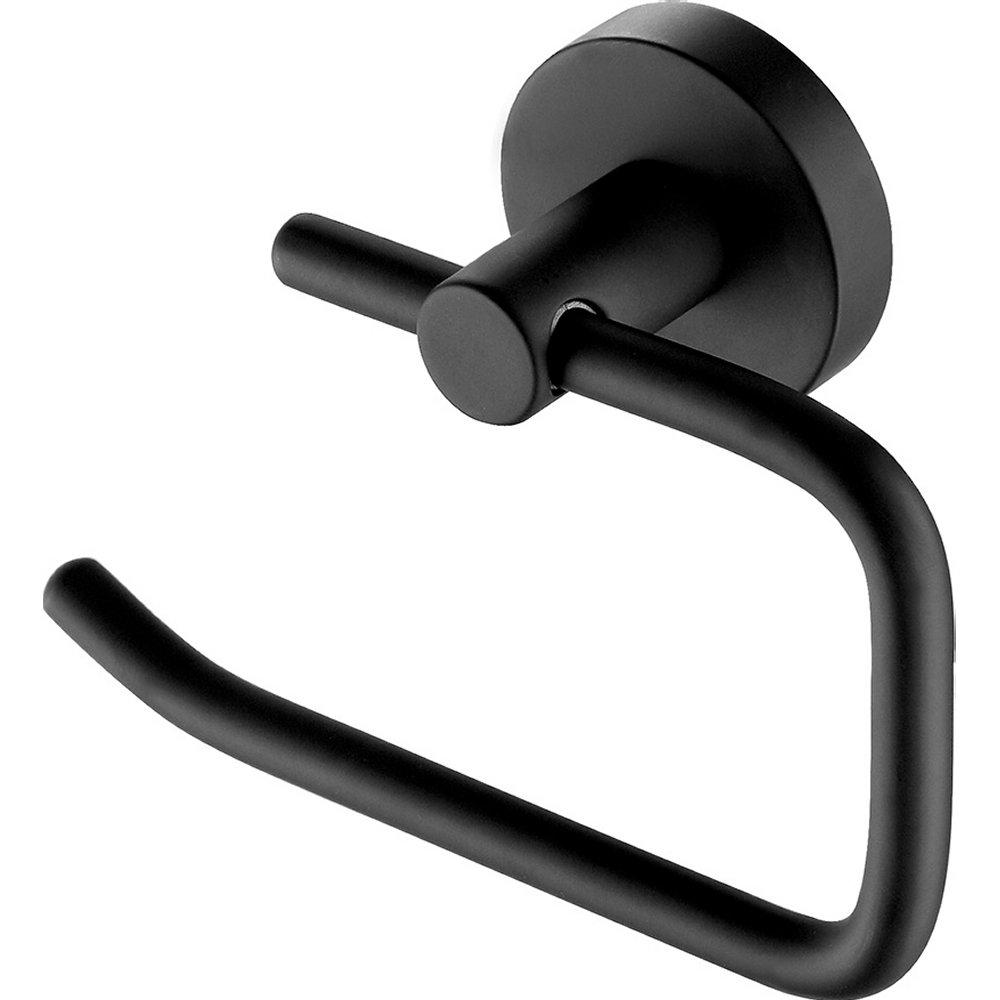 matt black toilet roll holder with circular wall mount, the holder is a rectangular hook shape with rounded corners.