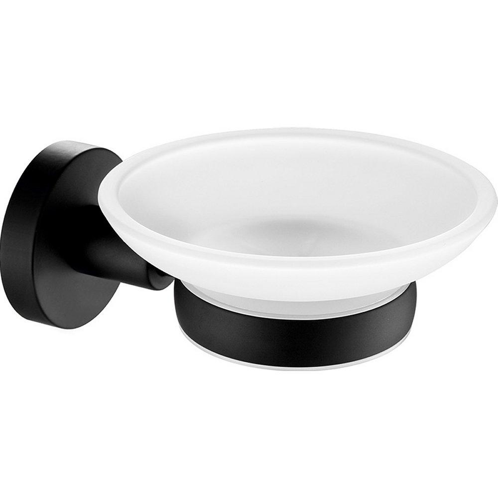matt black wall mounted soap dish holder with a round white frosted glass soap dish