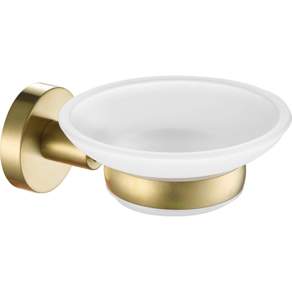 brushed brass wall mounted soap dish holder with a round white frosted glass soap dish