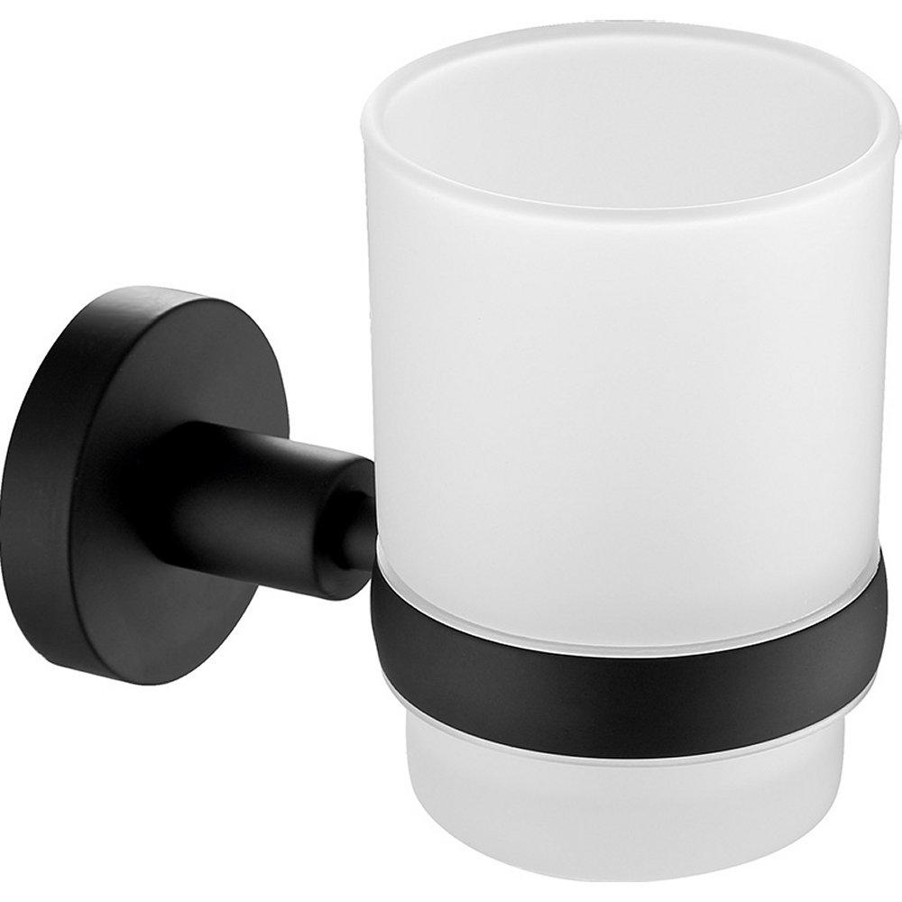matt black wall mounted tumbler holde, it is holding a round white frosted glass tumbler