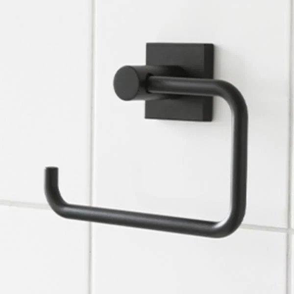 black toilet roll holder in a rounded square hook shape and a square wall mount