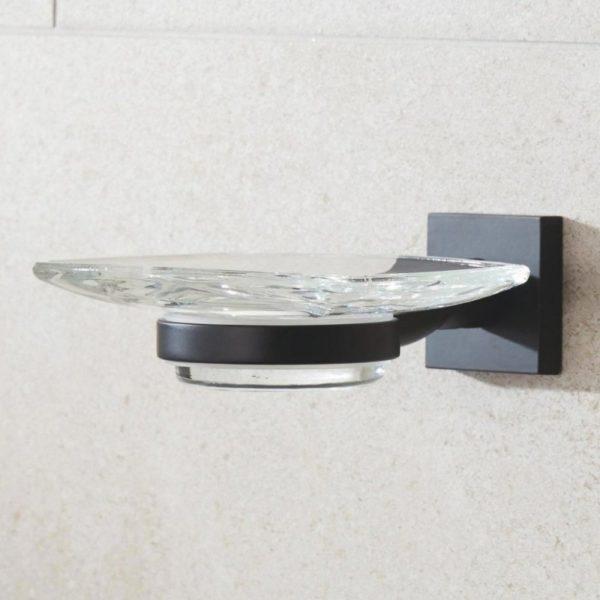 black soap dish holder with square wall mount and clear glass square soap dish