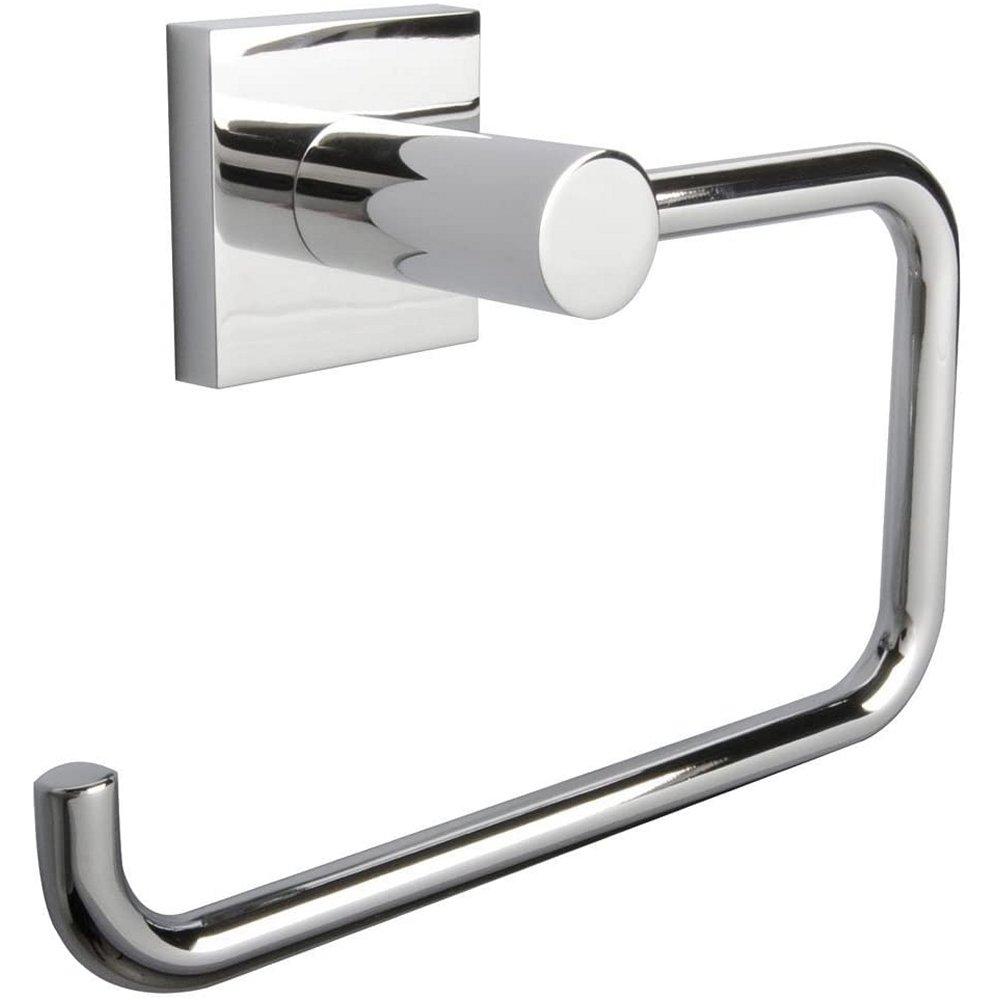 chrome toilet roll holder in a rounded square hook shape and a square wall mount