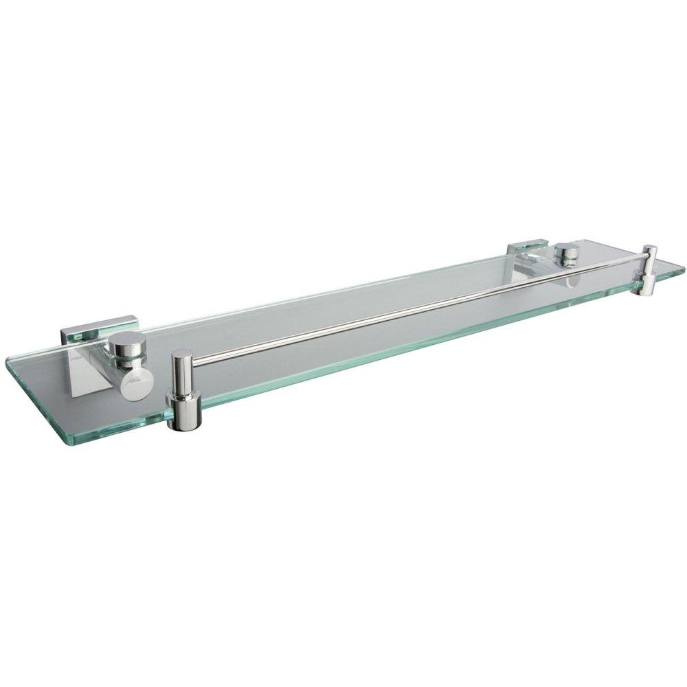 rectangular glass shelf with chrome front rail and rounded square wall mounts