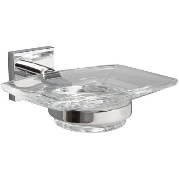 chrome soap dish holder with square wall mount and clear glass square soap dish