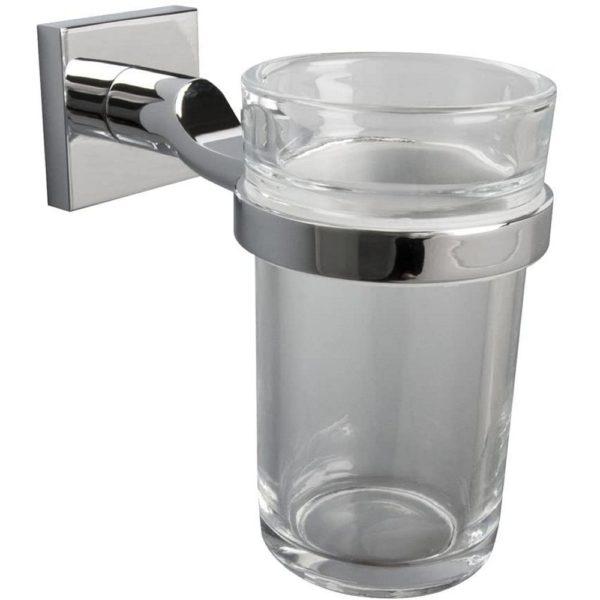 chrome tumbler holder with square wall mount holding a clear glass tumbler from the top half