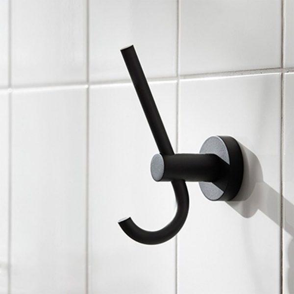 black double robe hook with circular wall mount