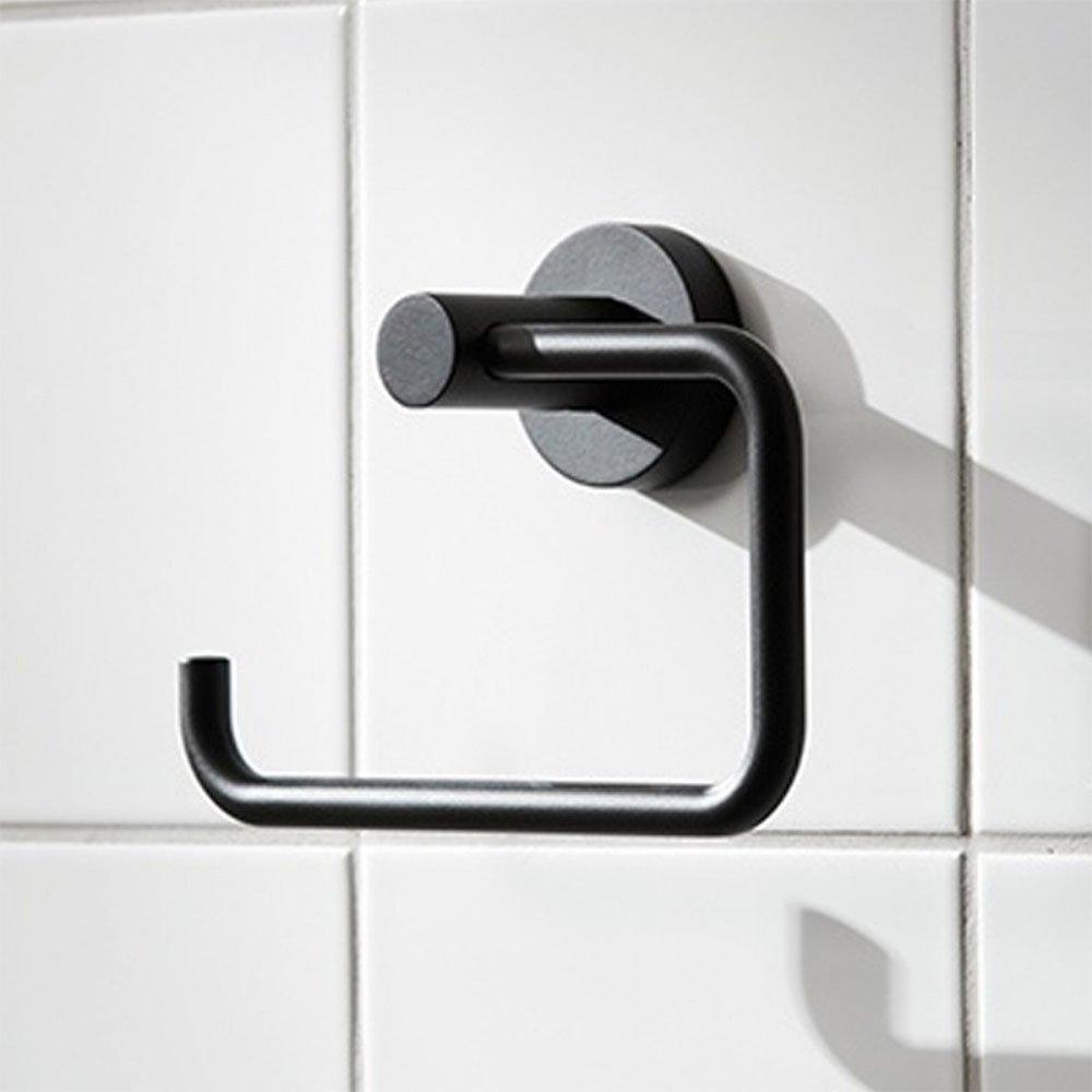 black toilet roll holder in a rounded square hook shape and a circular wall mount