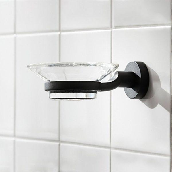 black soap dish holder with circular wall mount and clear glass circular soap dish