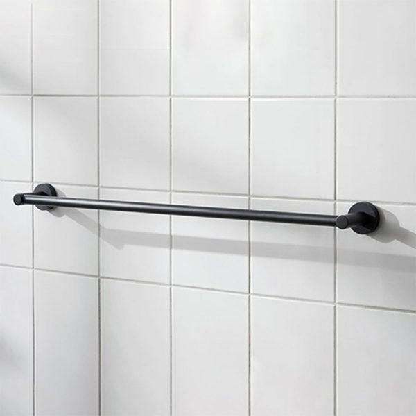 black straight towel rail with circular wall mount on each end