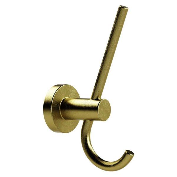brushed brass double robe hook with circular wall mount