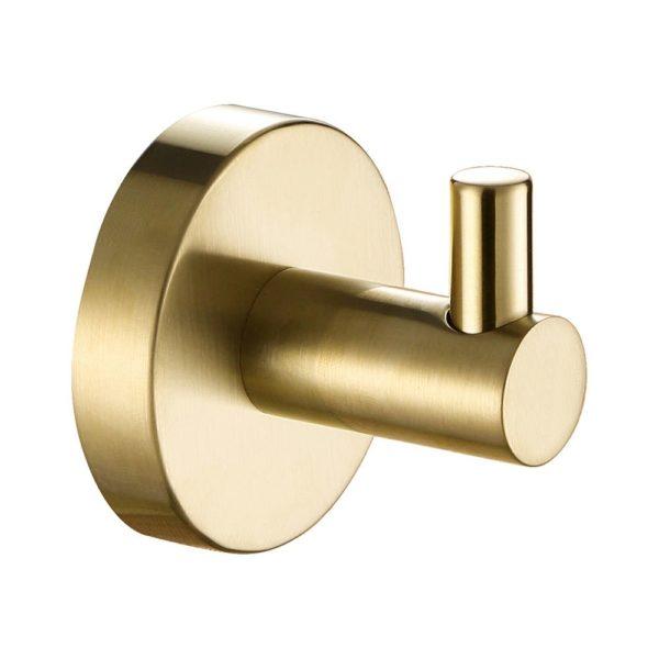 brushed brass single robe hook with circular wall mount