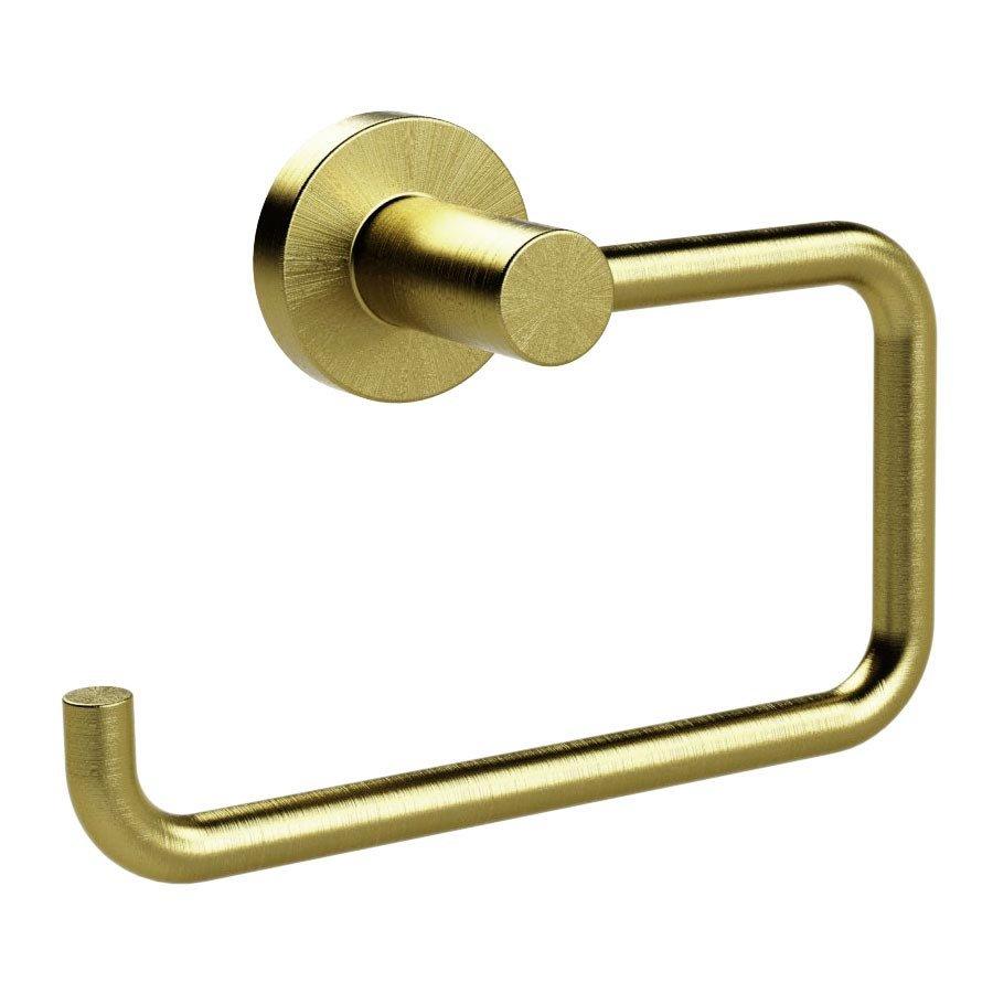 brushed brass toilet roll holder in a rounded square hook shape and a circular wall mount